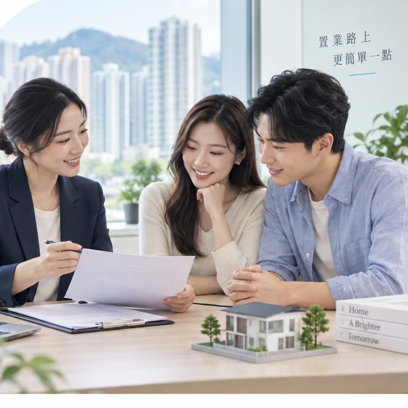 顧問與一對客戶在辦公室內一起查看按揭文件,窗外是香港樓景